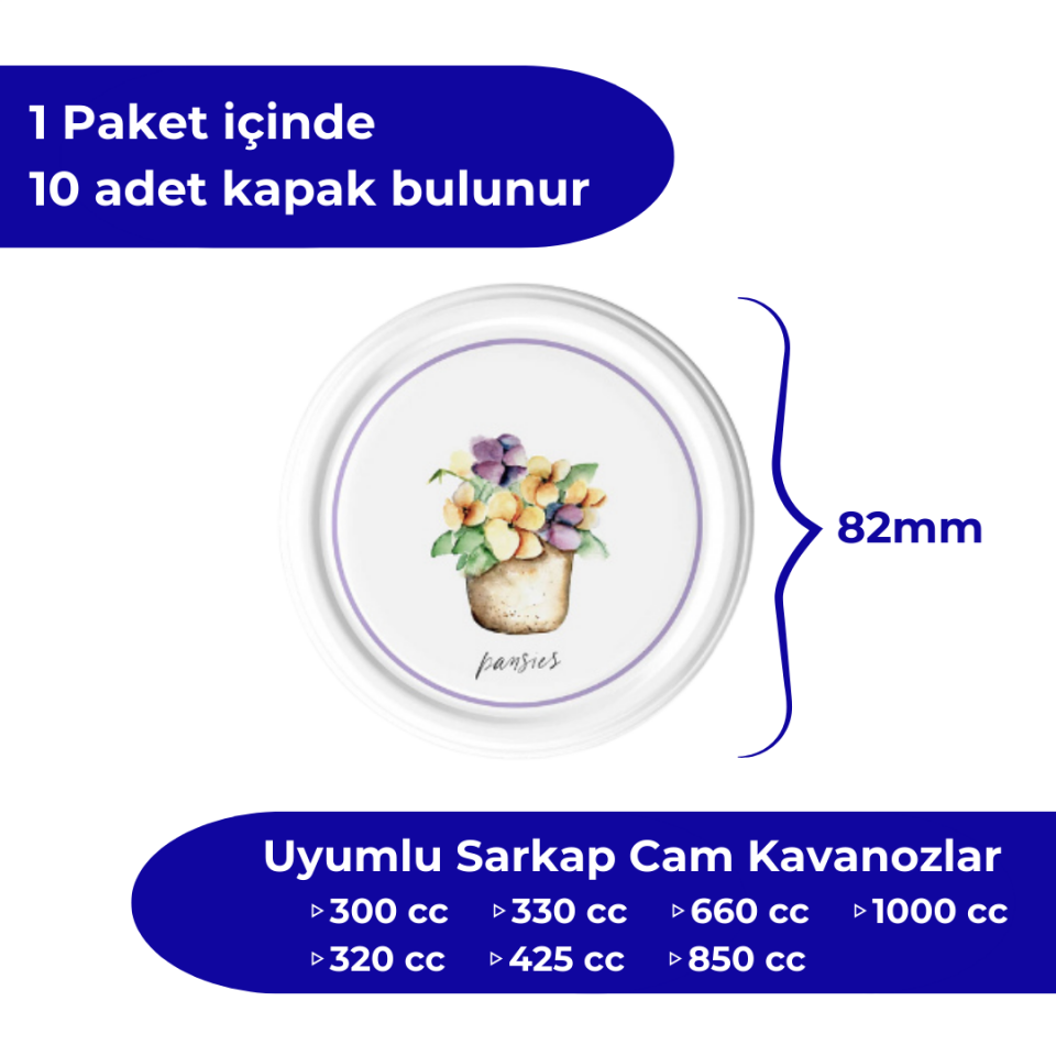 Hijyenik Paketli 10 Adet Kavanoz Kapağı Çiçek Desenler 82 mm Pansies