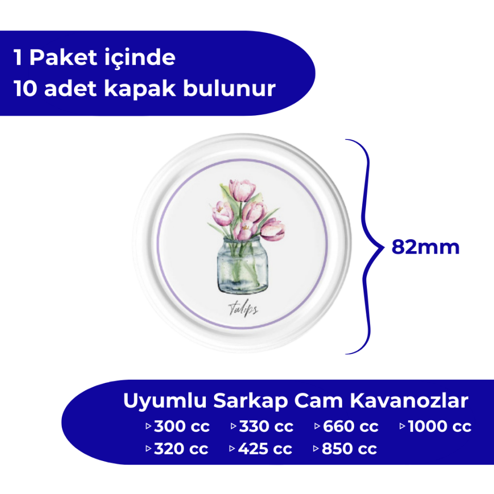 Hijyenik Paketli 10 Adet Kavanoz Kapağı Çiçek Desenler 82 mm Tulips