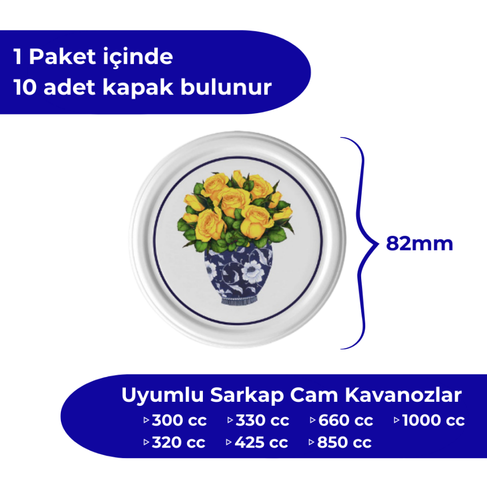 Hijyenik Paketli 10 Adet Kavanoz Kapağı Çiçek Desenler 82 mm Sarı Çiçek