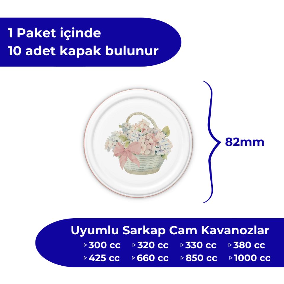Hijyenik Paketli 10 Adet Kavanoz Kapağı Çiçek Desenler 82 mm Pembe Buket