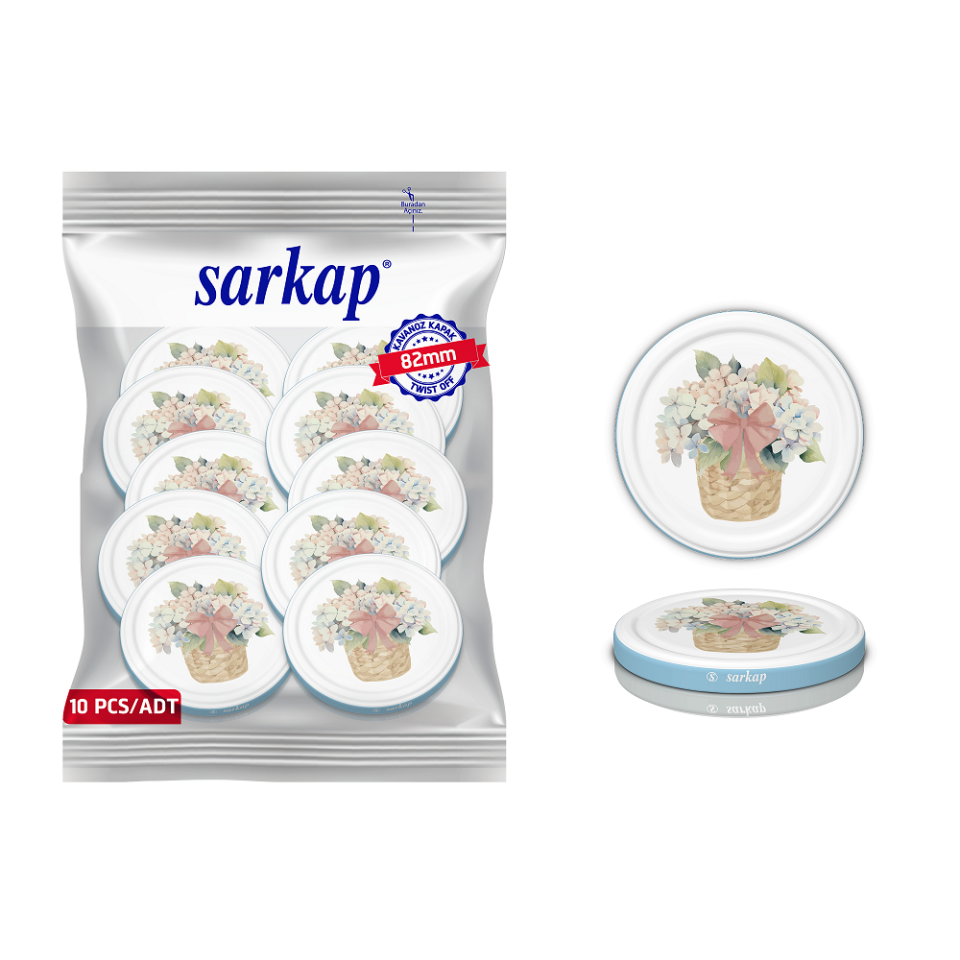 Hijyenik Paketli 10 Adet Kavanoz Kapağı Çiçek Desenler 82 mm Mavi Buket