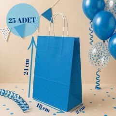 25'li 18X8X24 Beyaz Burgu Saplı Kraft Kağıt Poşet Çanta Mavi