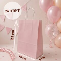 25'li 18X8X24 Beyaz Burgu Saplı Kraft Kağıt Poşet Çanta AçıkPembe