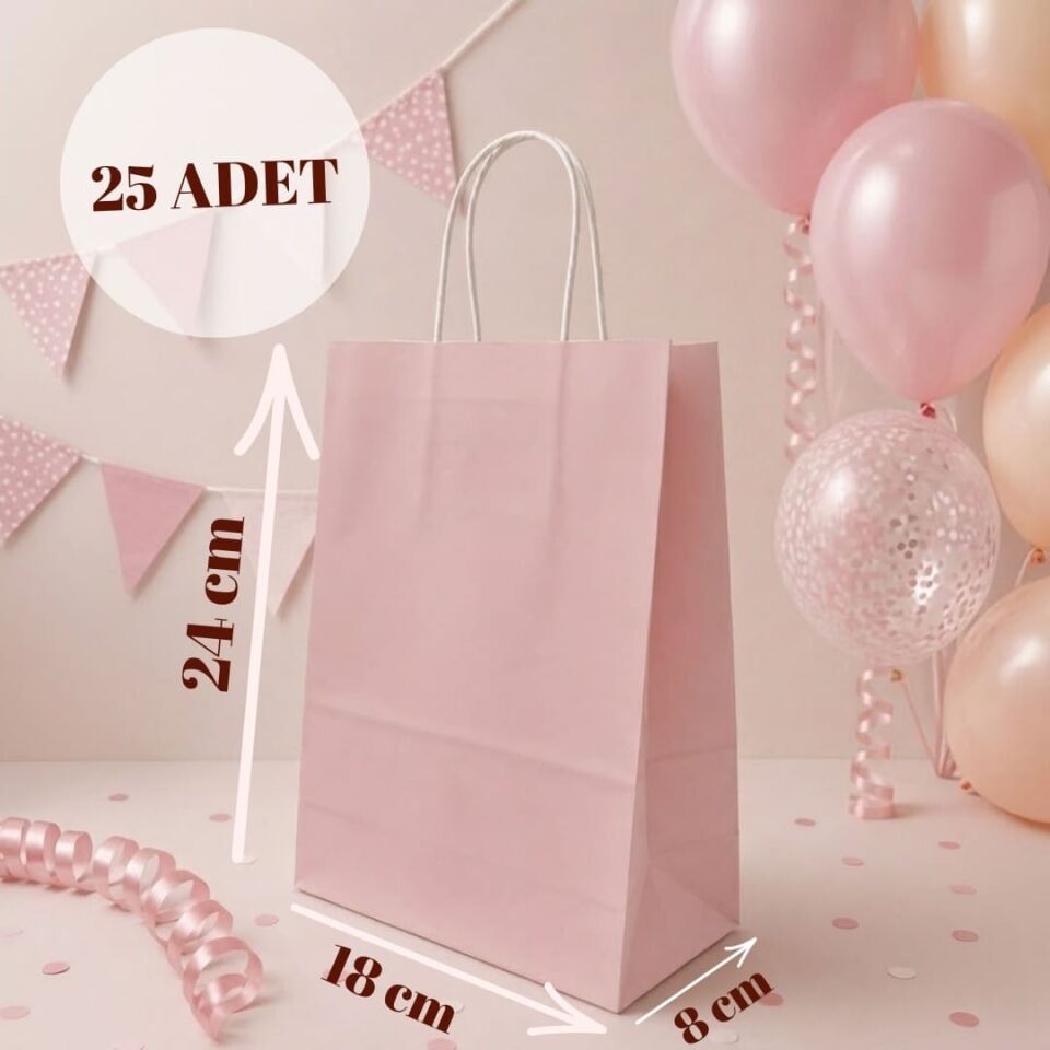 25'li 18X8X24 Beyaz Burgu Saplı Kraft Kağıt Poşet Çanta AçıkPembe