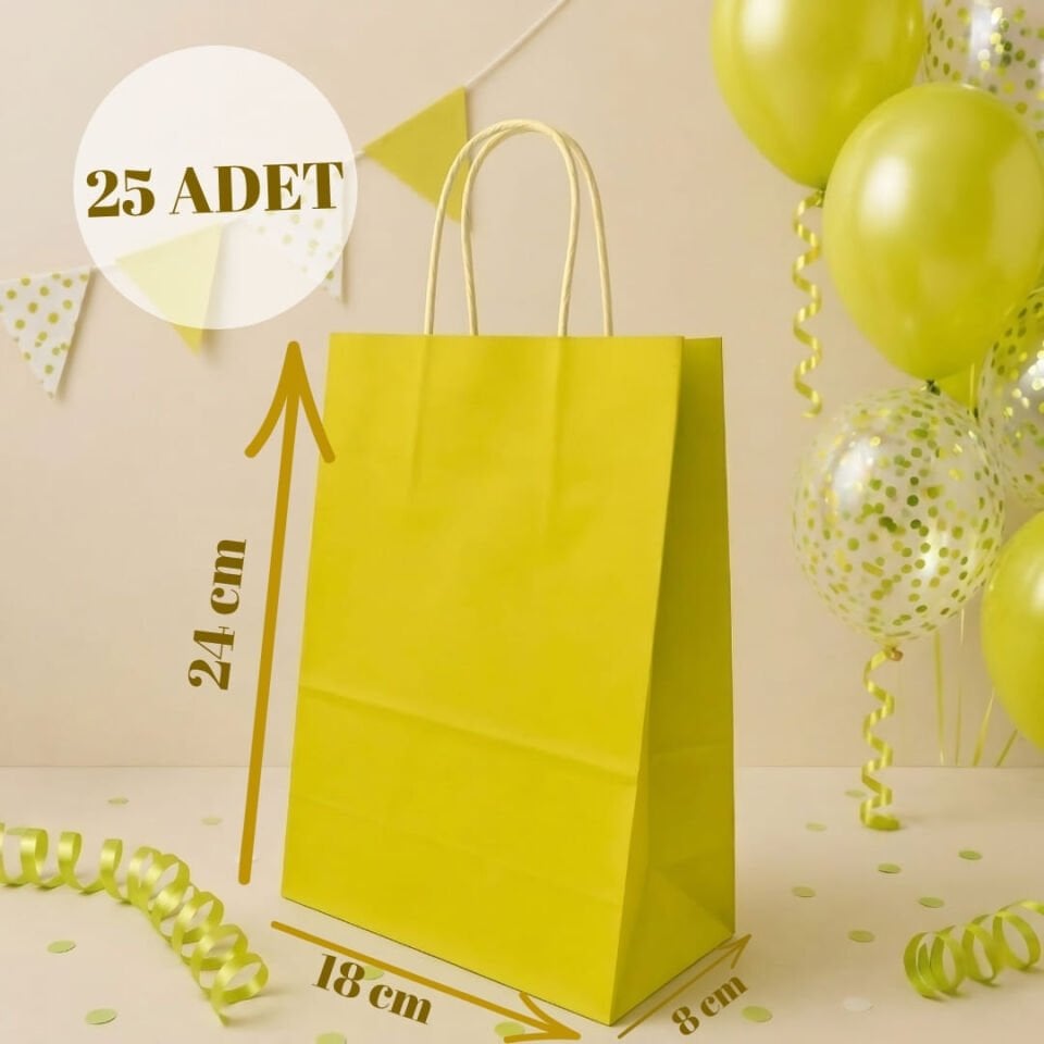 25'li 18X8X24 Beyaz Burgu Saplı Kraft Kağıt Poşet Çanta Sarı