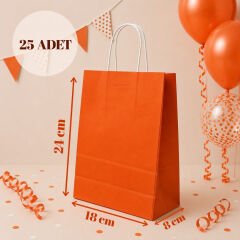 25'li 18X8X24 Beyaz Burgu Saplı Kraft Kağıt Poşet Çanta Turuncu