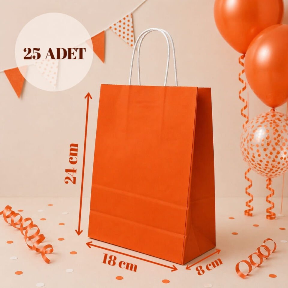 25'li 18X8X24 Beyaz Burgu Saplı Kraft Kağıt Poşet Çanta Turuncu