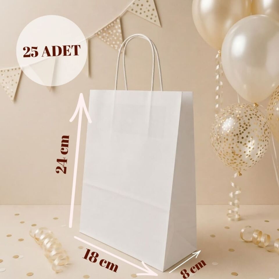 25'li 18X8X24 Beyaz Burgu Saplı Kraft Kağıt Poşet Çanta Beyaz