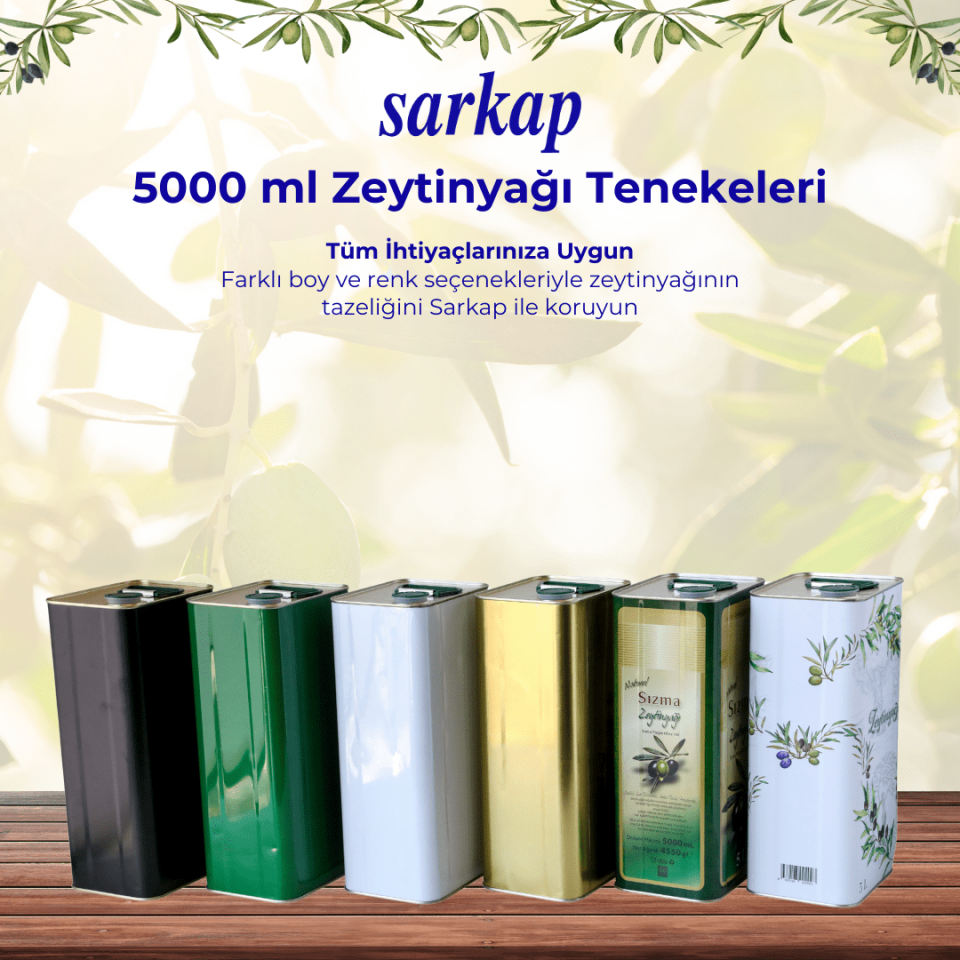 Sarkap 5 L (5000 ml) 240 Adet Paletli Kapaklı Kulplu Zeytinyağı Tenekesi Beyaz Yeşil Zeytin