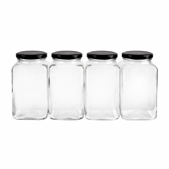 Sarkap 4'lü 1600 ml Kapaklı Köşeli Cam Kavanoz - Siyah Kapak Siyah