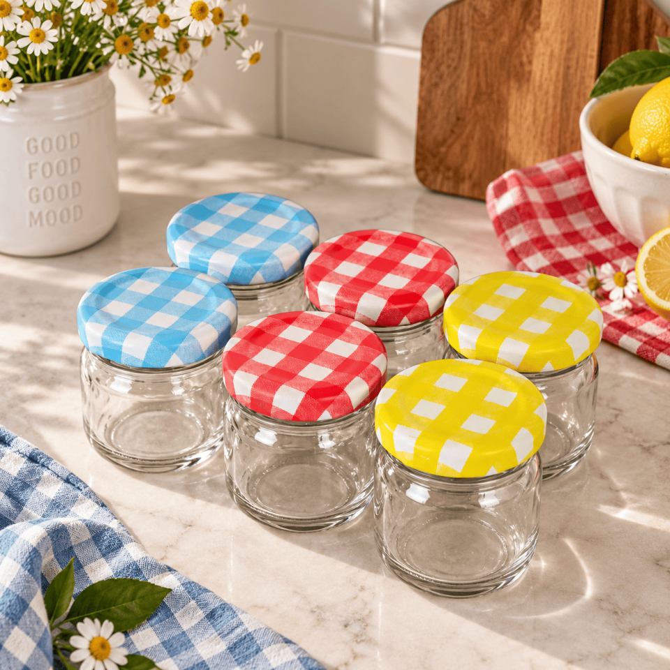 Sarkap Home 6'lı 40 ml Yuvarlak Cam Kavanoz Ekose