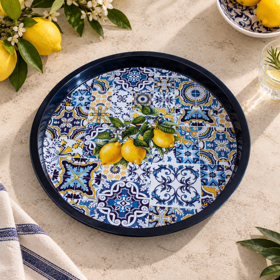 Sarkap Home 34 cm Limonlu Çini Desen Metal Tepsi