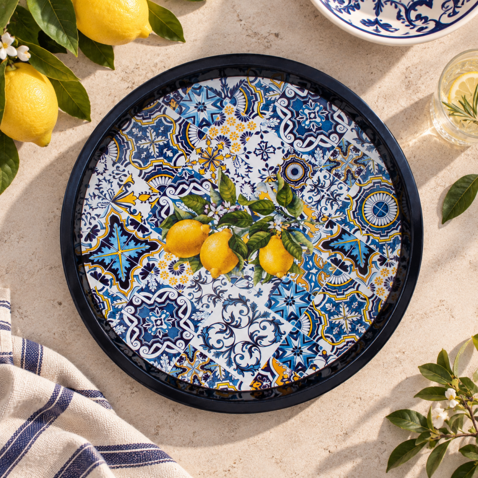 Sarkap Home 34 cm Limonlu Çini Desen Metal Tepsi