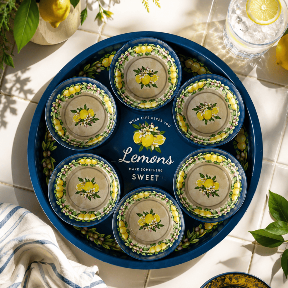 Sarkap Home Lemon Design Lacivert 34 cm Tepsi ve 6'lı Çerezlik Seti