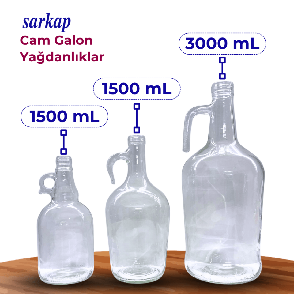 Sarkap 1500 ml 8 Adet Kolili Cam Galon Zeytinyağı Şişesi Yağdanlık Akıtmasız Kapaklı