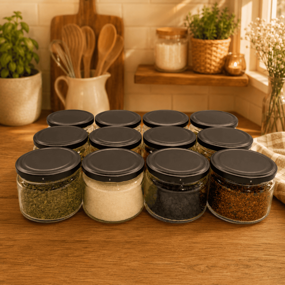 Sarkap Home 12'li 300 ml Mat Siyah Kapaklı Shrinkli Baharatlık Kavanoz