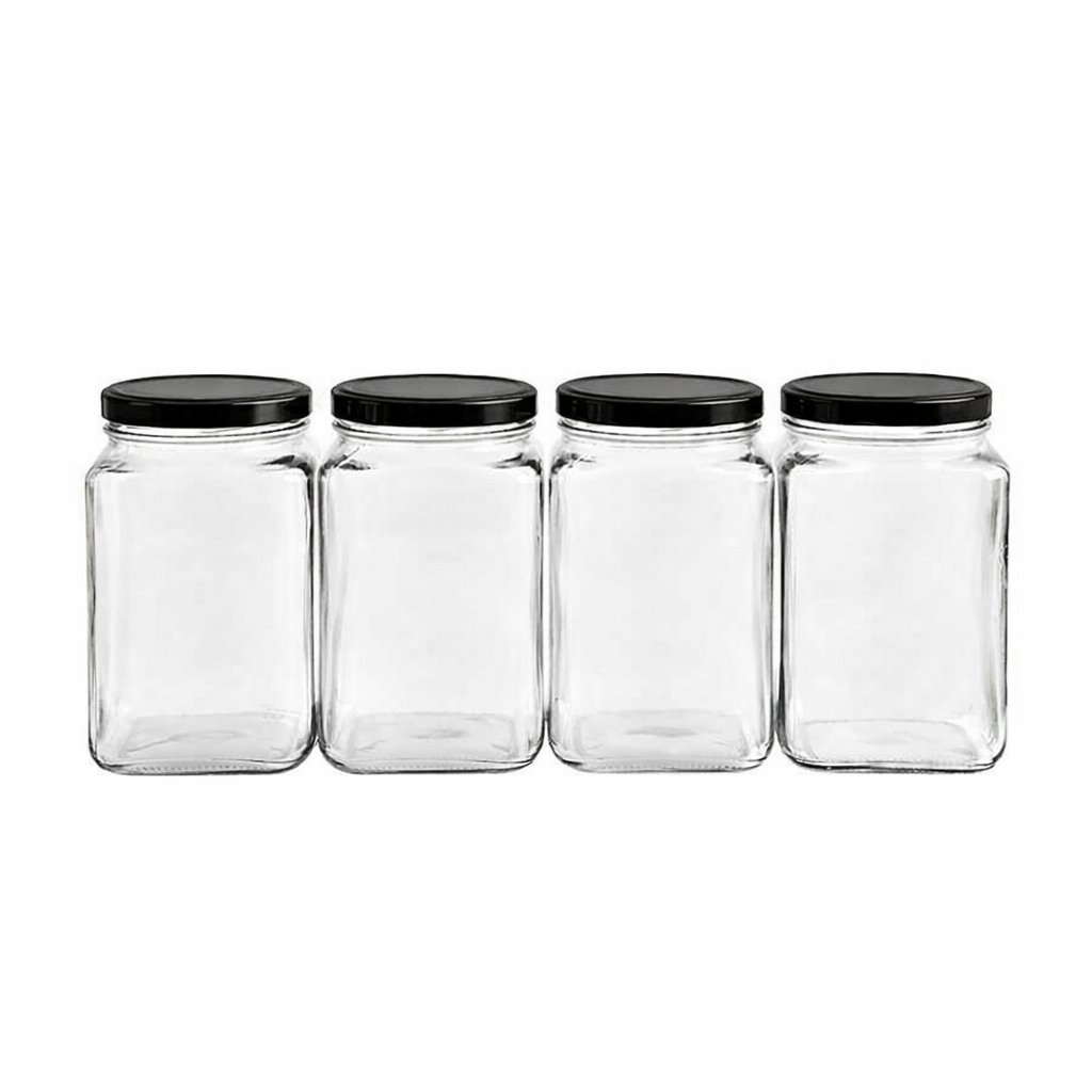 Sarkap 4'lü 1600 ml Kapaklı Köşeli Cam Kavanoz - Siyah Kapak Siyah