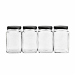 Sarkap 4'lü 1600 ml Kapaklı Köşeli Cam Kavanoz - Siyah Kapak Siyah