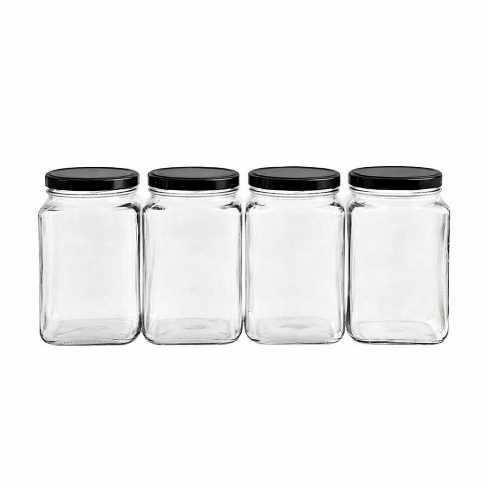 Sarkap 4'lü 1600 ml Kapaklı Köşeli Cam Kavanoz - Siyah Kapak Siyah