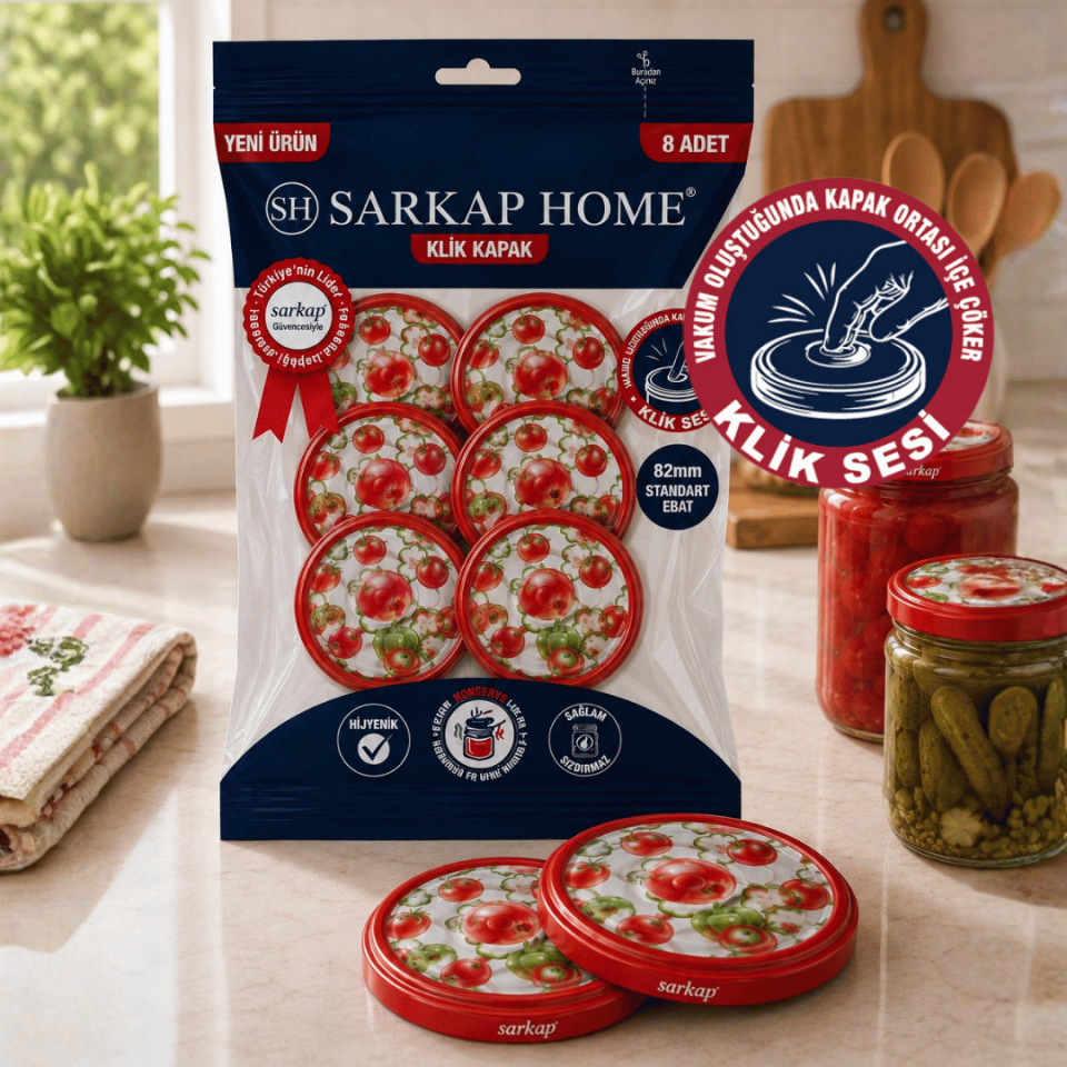 Hijyenik Paketli 8 Adet Klik Kavanoz Kapağı 82 mm - Siyah DomatesBiber