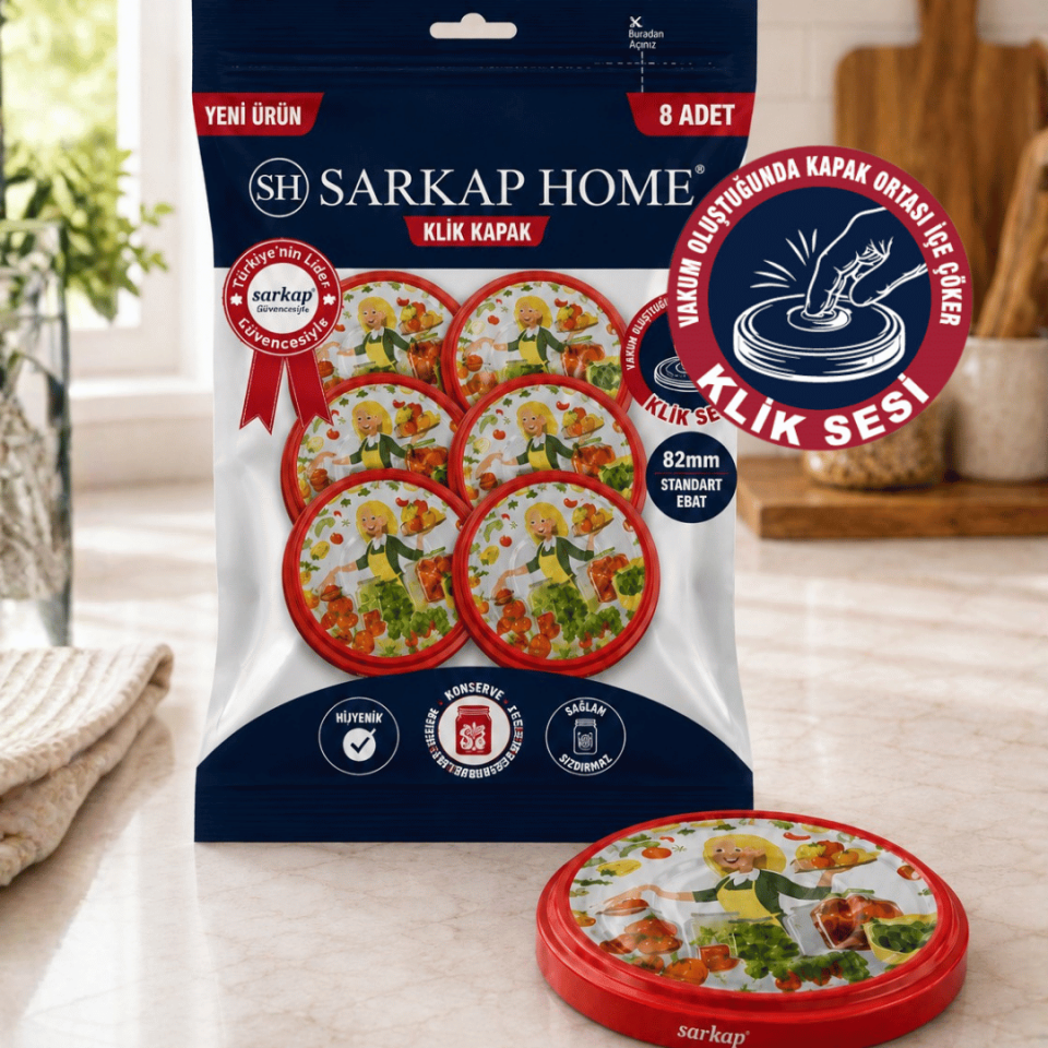 Hijyenik Paketli 8 Adet Klik Kavanoz Kapağı 82 mm - Siyah ŞefSarı