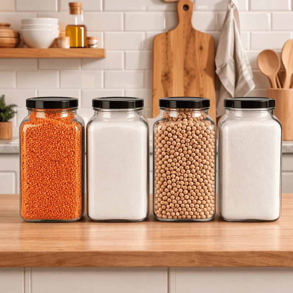 Sarkap 4'lü 3000 ml Kapaklı Köşeli Cam Kavanoz - Siyah Kapak Siyah