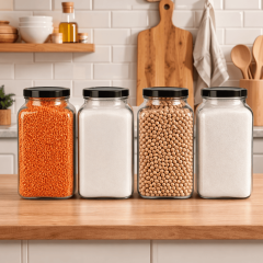 Sarkap 4'lü 3000 ml Kapaklı Köşeli Cam Kavanoz - Siyah Kapak Siyah