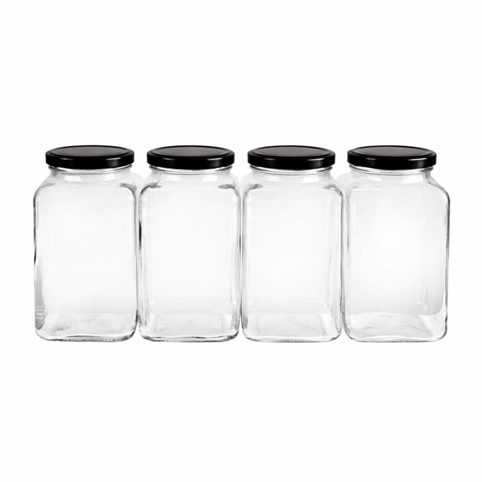 Sarkap 4'lü 3000 ml Kapaklı Köşeli Cam Kavanoz - Siyah Kapak Siyah