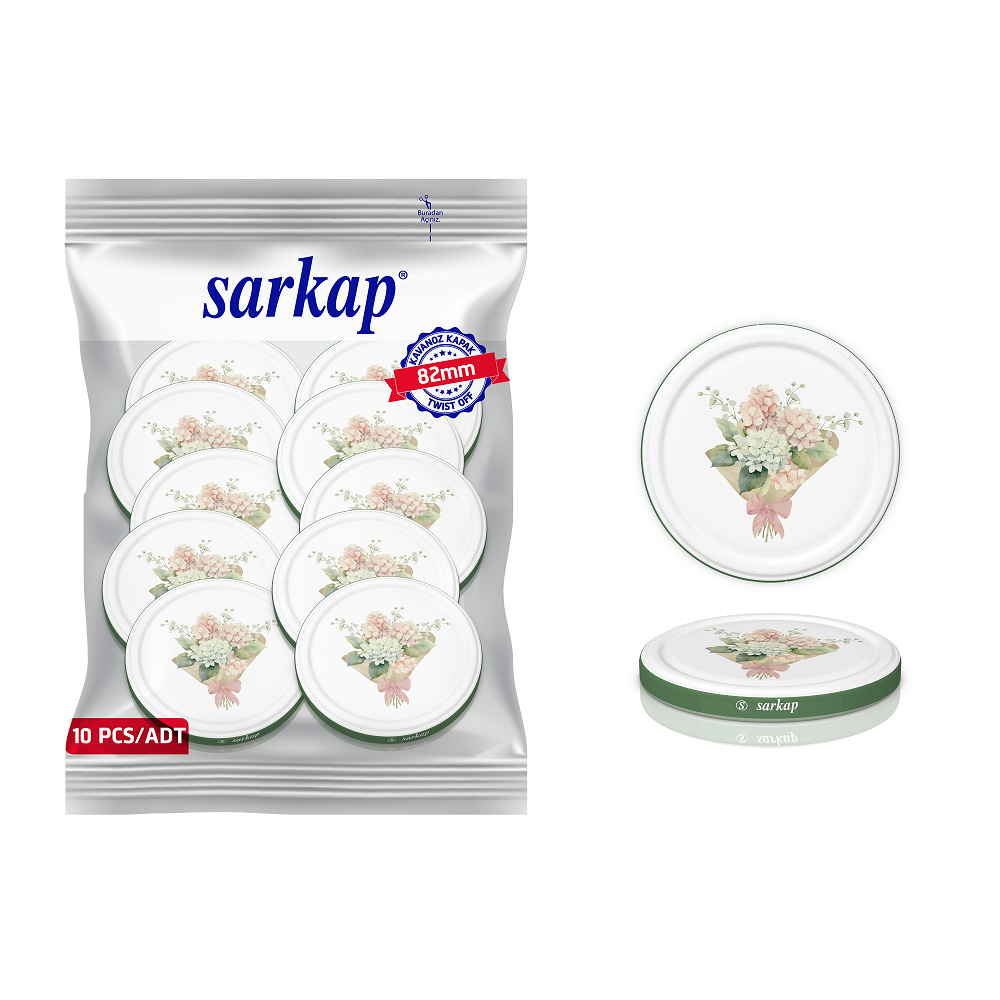 Hijyenik Paketli 10 Adet Kavanoz Kapağı Çiçek Desenler 82 mm Yeşil Buket