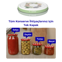Hijyenik Paketli 10 Adet Kavanoz Kapağı Çiçek Desenler 82 mm Yeşil Çember