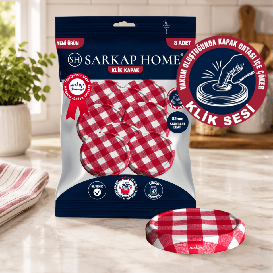 Hijyenik Paketli 8 Adet Klik Kavanoz Kapağı 82 mm - Siyah KırmızıEkose