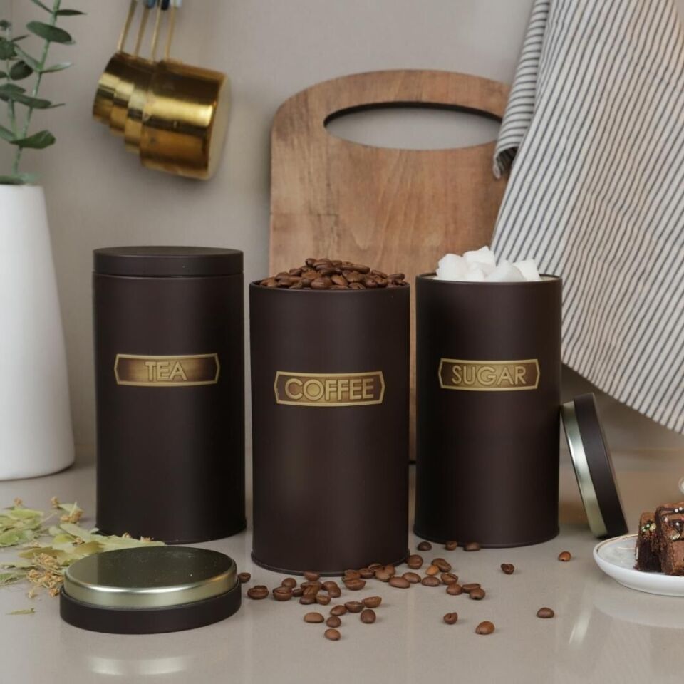 Sarkap Home 1 L Metal Vakumlu Kapaklı 3'lü Saklama Kabı Soft Touch Büyük Boy 90x160 mm. Kahverengi