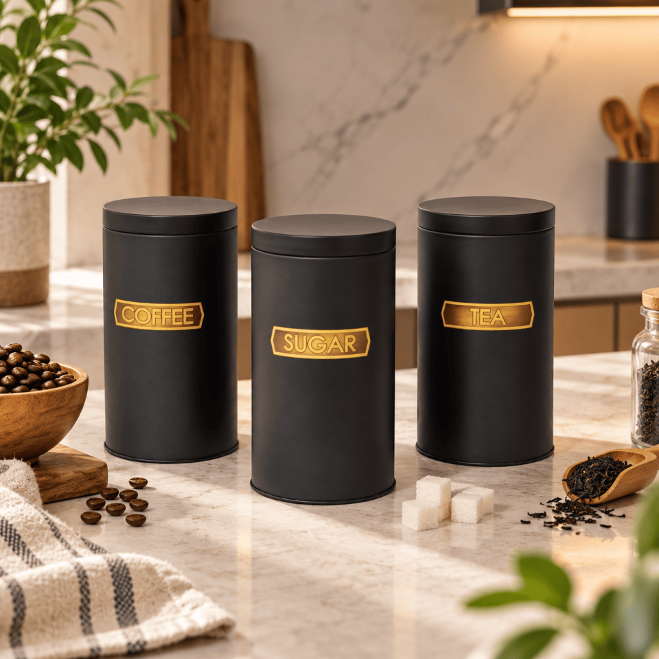 Sarkap Home 1 L Metal Vakumlu Kapaklı 3'lü Saklama Kabı Soft Touch Büyük Boy 90x160 mm. EskitmeSiyah
