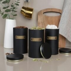 Sarkap Home 1 L Metal Vakumlu Kapaklı 3'lü Saklama Kabı Soft Touch Büyük Boy 90x160 mm. EskitmeSiyah