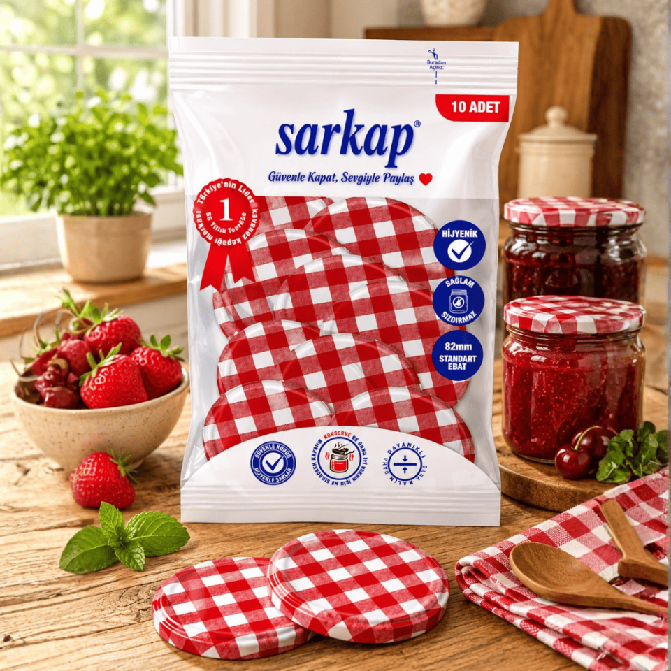 Hijyenik Paketli 10 adet Kavanoz Kapağı – Mat Ekose – 82 mm Kırmızı