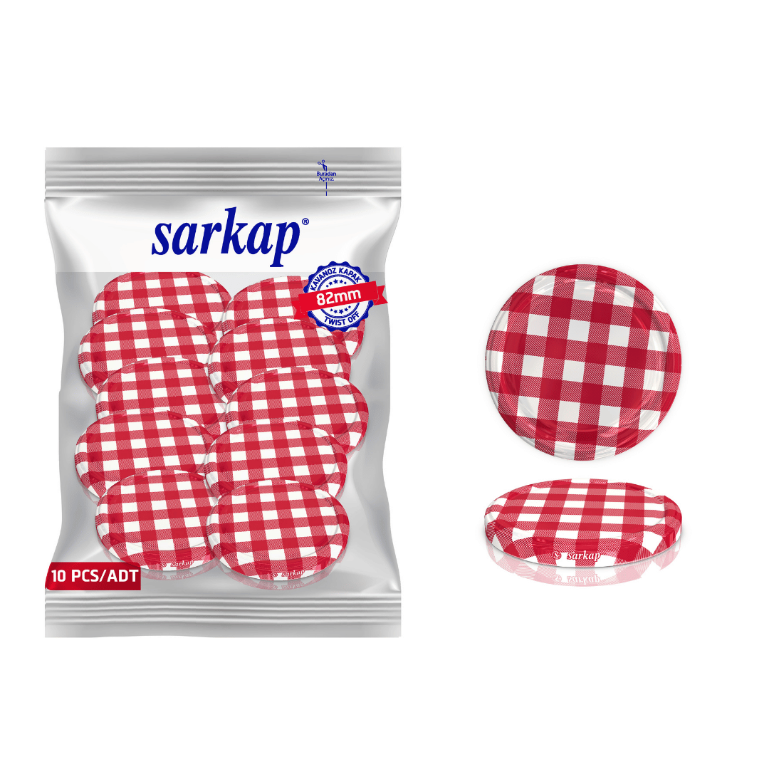 Hijyenik Paketli 10 adet Kavanoz Kapağı – Mat Ekose – 82 mm Kırmızı