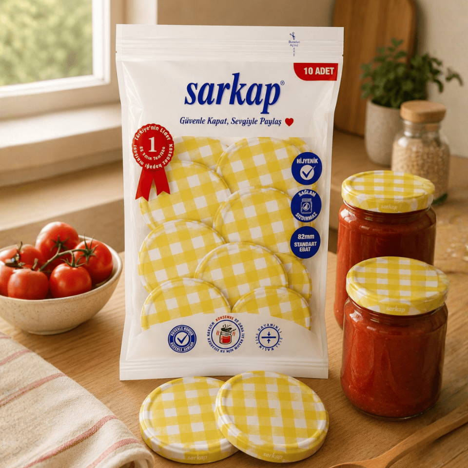 Hijyenik Paketli 10 adet Kavanoz Kapağı – Mat Ekose – 82 mm Sarı