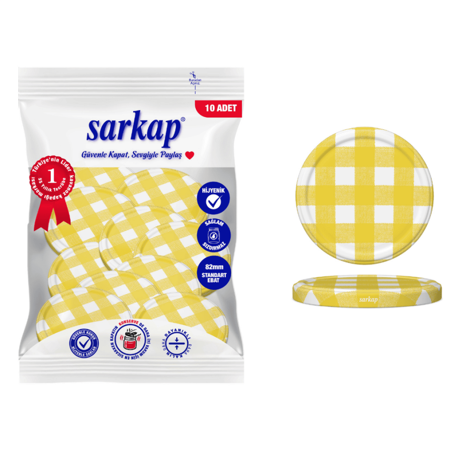 Hijyenik Paketli 10 adet Kavanoz Kapağı – Mat Ekose – 82 mm Sarı