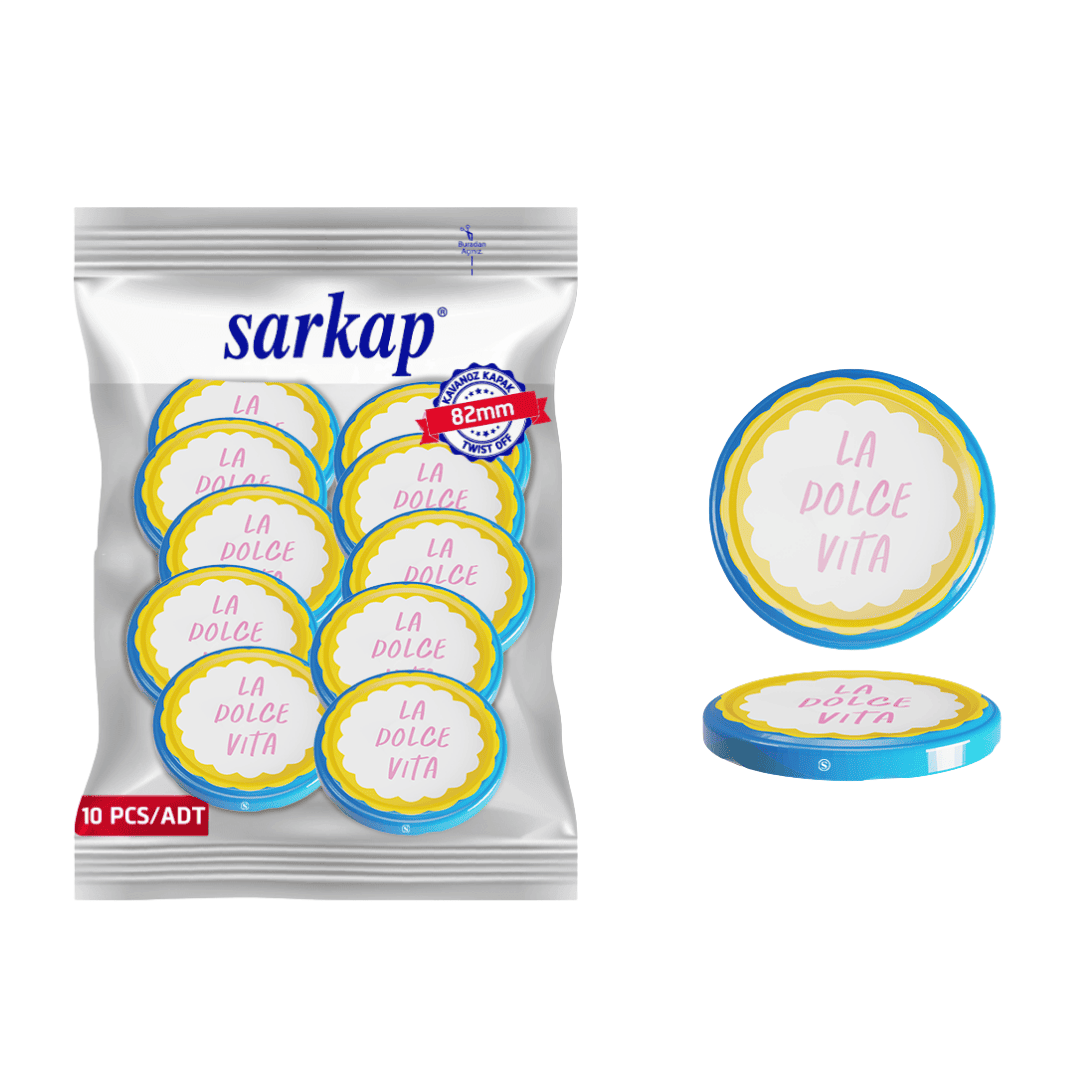 Hijyenik Paketli 10 Adet Kavanoz Kapağı 82 mm Dolce Vita Desenler LaDolceVitaSarı&Mavi