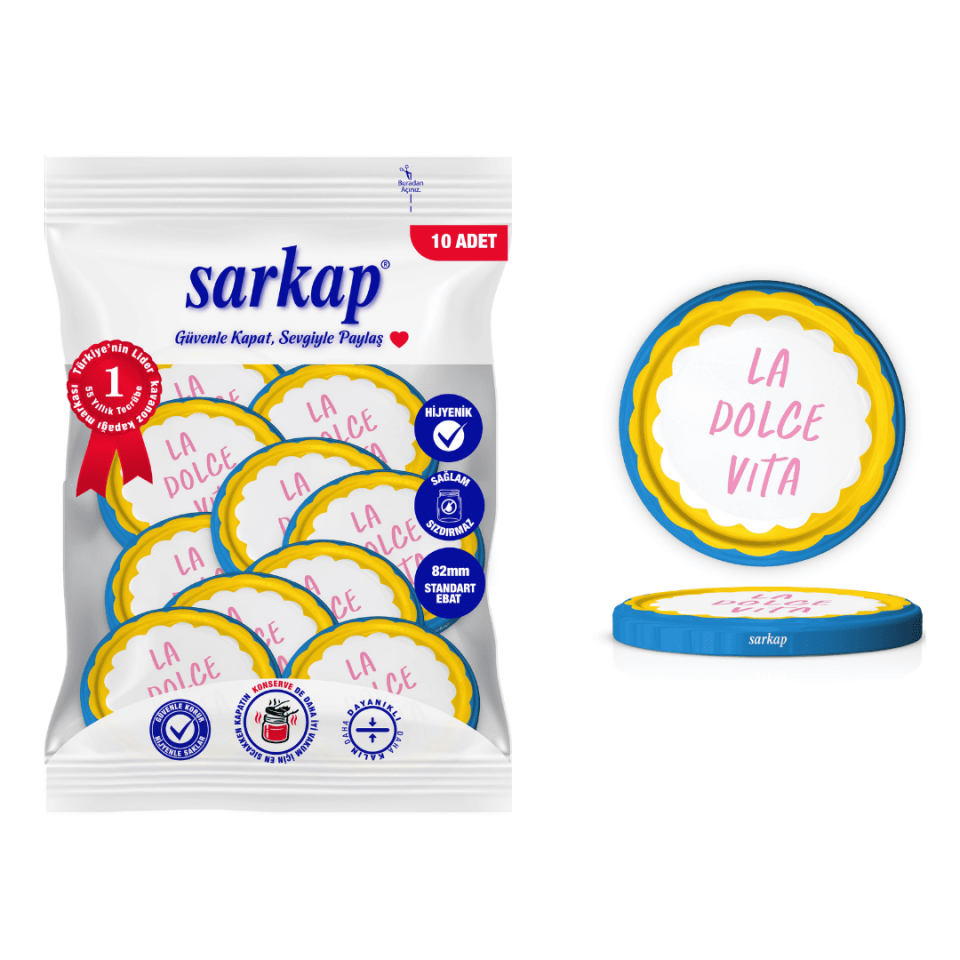 Hijyenik Paketli 10 Adet Kavanoz Kapağı 82 mm Dolce Vita Desenler LaDolceVitaSarı&Mavi
