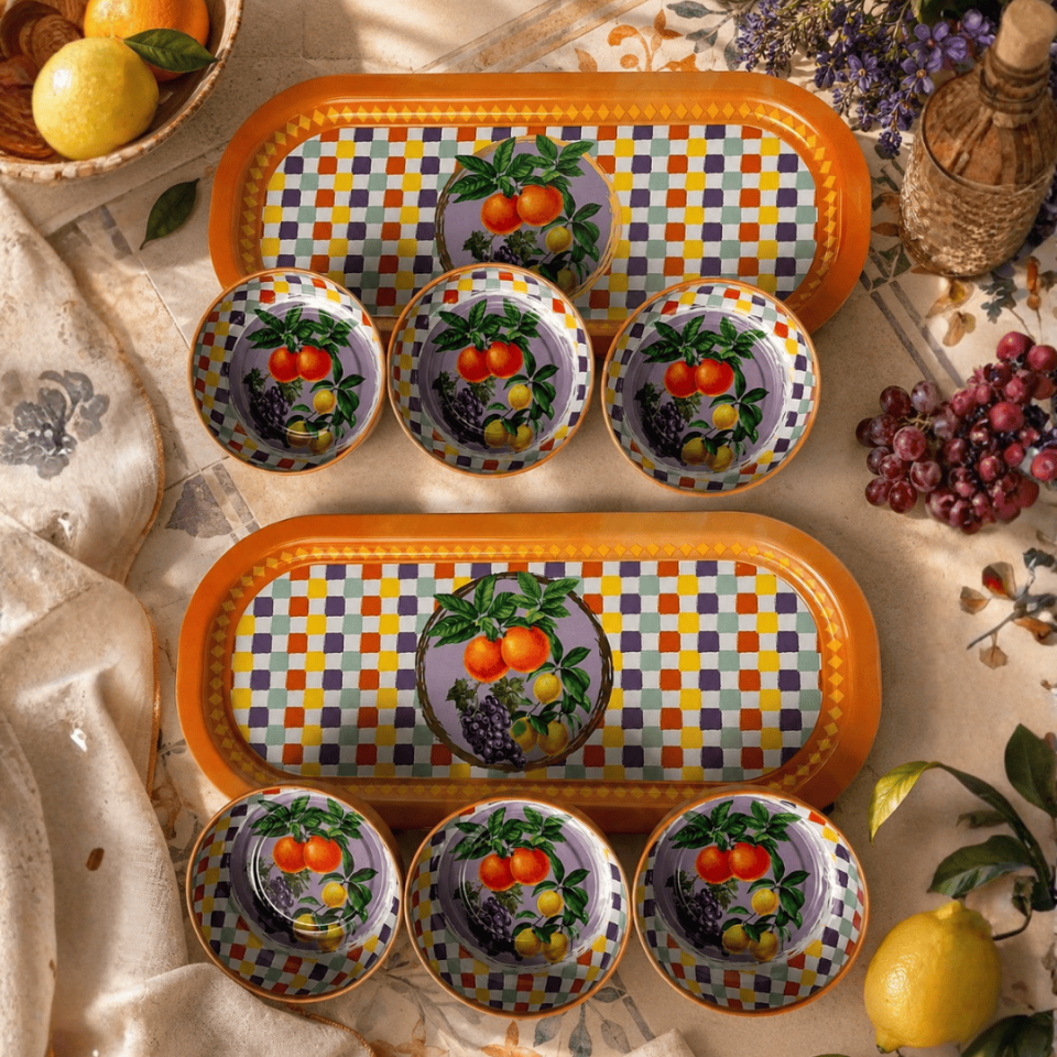 Sarkap Home 16x35 cm 2'li Oval Tepsi 10x3,2 cm 6'lı Çerezlik Seti LemonDesignTuruncu