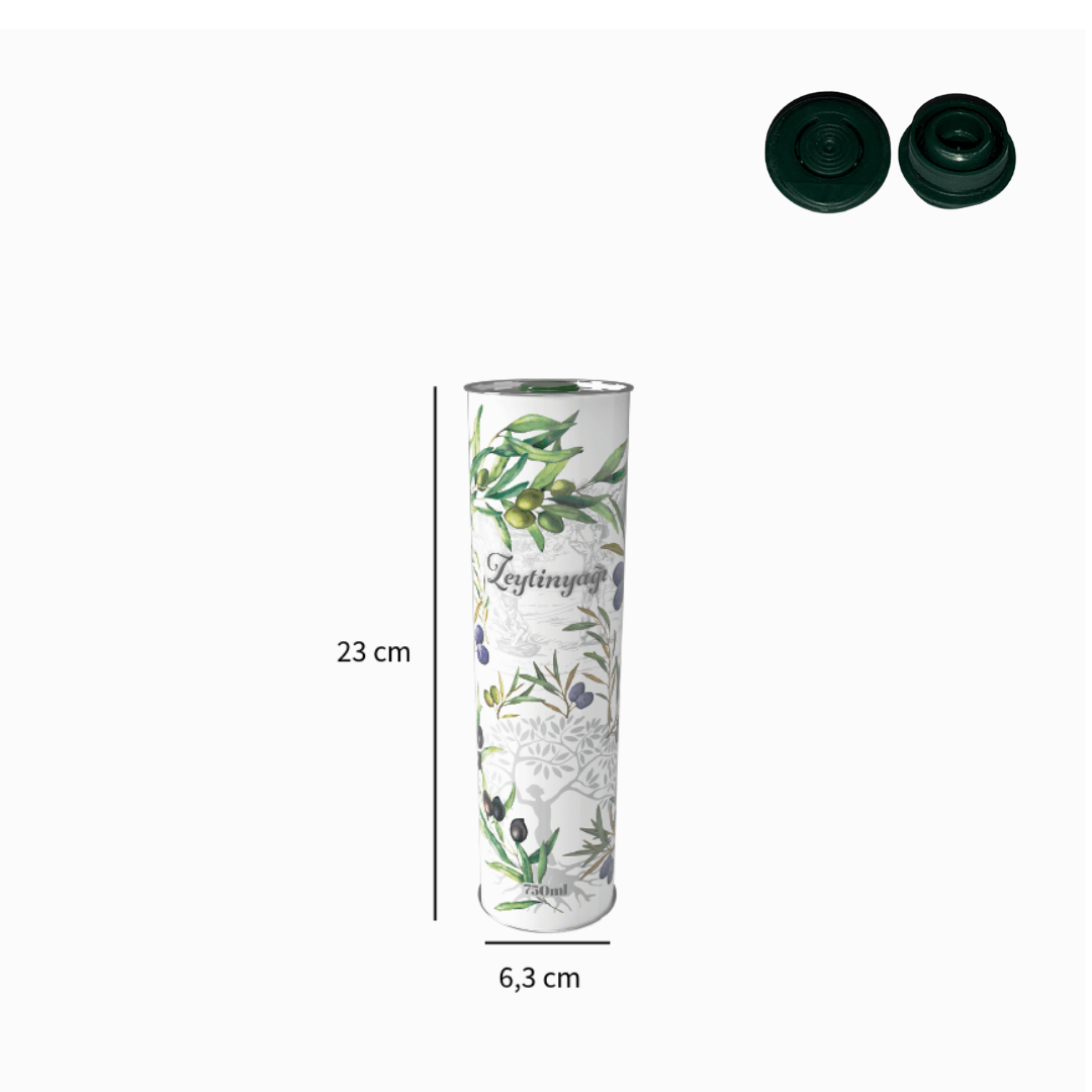 Sarkap 0,75 L (750 ml) Kapaklı Silindir Zeytinyağı Tenekesi Beyaz Yeşil Zeytin