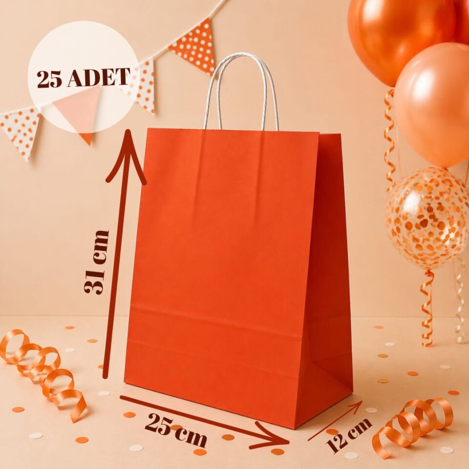 25'li 25X12X31 Beyaz Burgu Saplı Kraft Kağıt Poşet Çanta Beyaz