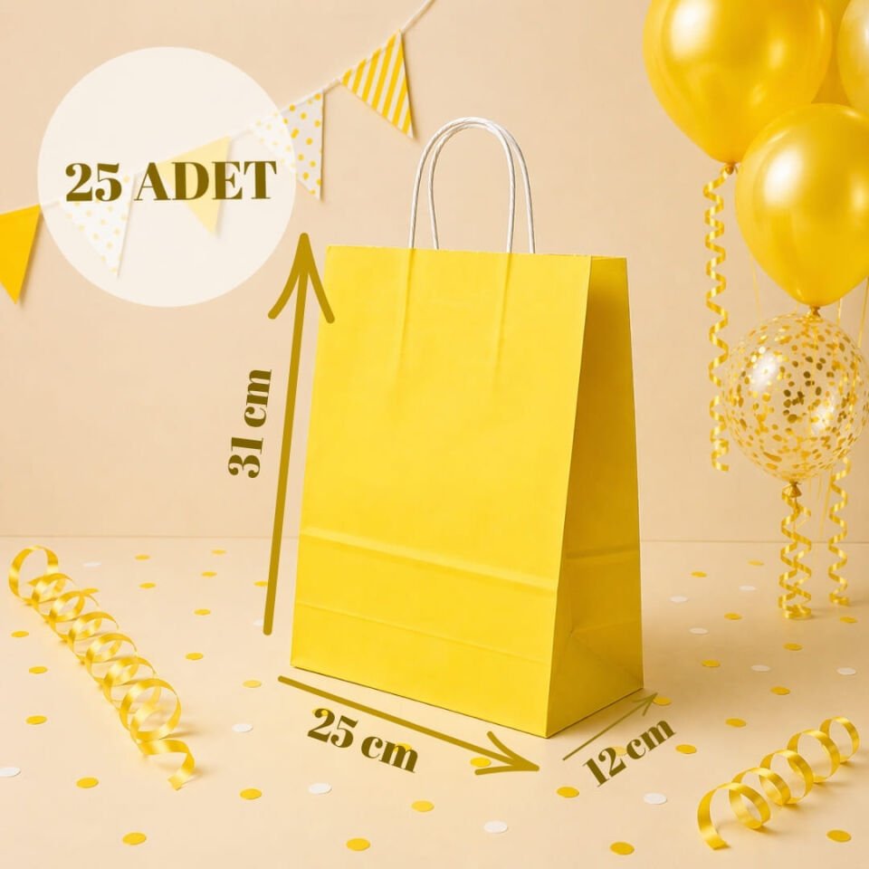 25'li 25X12X31 Beyaz Burgu Saplı Kraft Kağıt Poşet Çanta Sarı