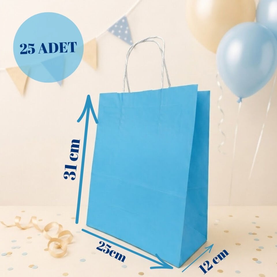 25'li 25X12X31 Beyaz Burgu Saplı Kraft Kağıt Poşet Çanta AçıkMavi
