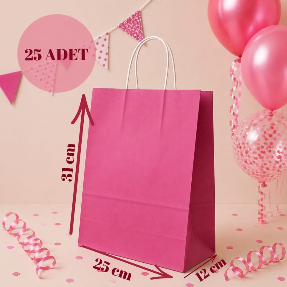 25'li 25X12X31 Beyaz Burgu Saplı Kraft Kağıt Poşet Çanta Pembe