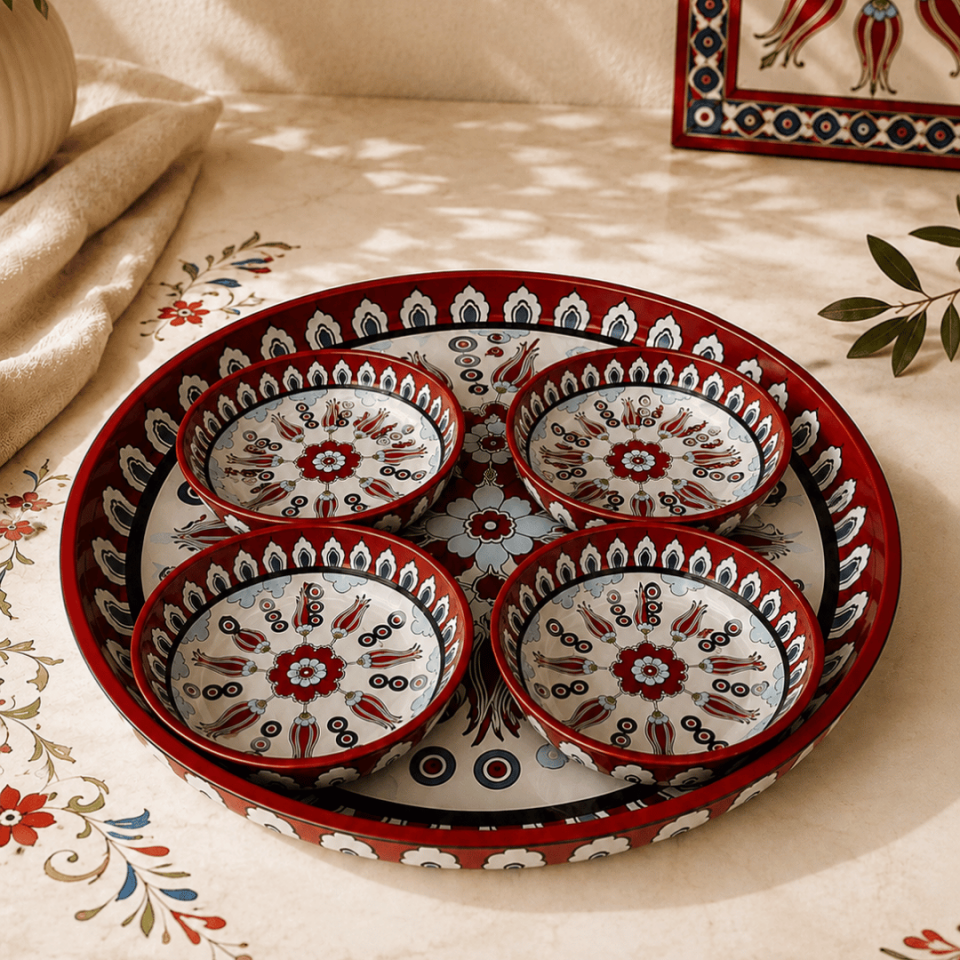 Sarkap Home 26 Cm Meyve Tabağı ve 4'lü Çerezlik Seti KırmızıEbru