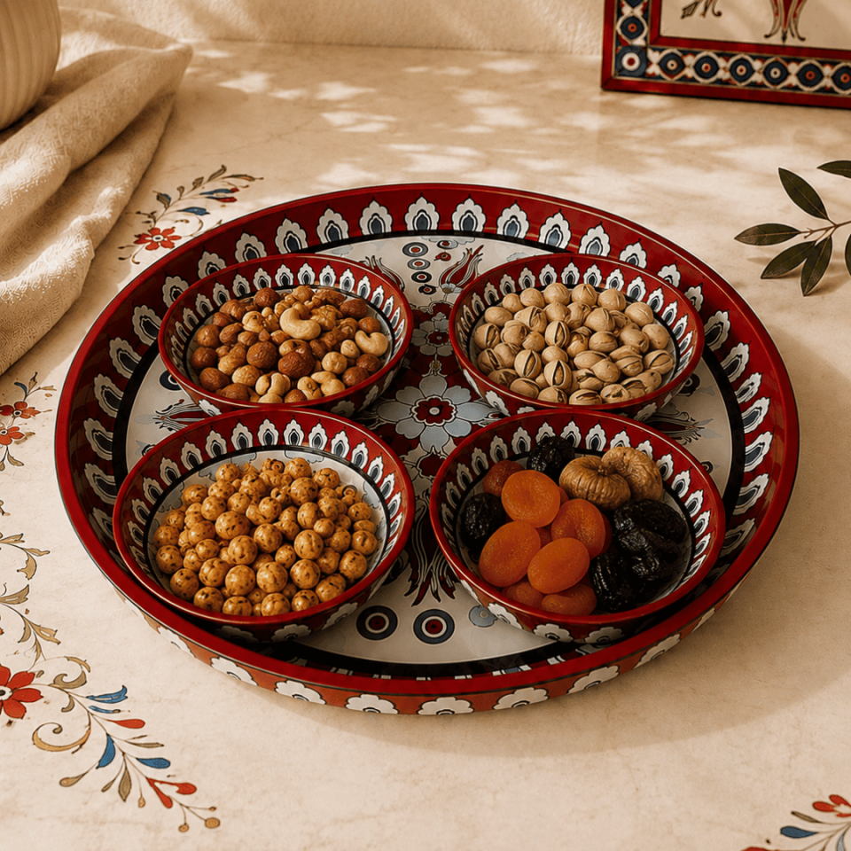 Sarkap Home 26 Cm Meyve Tabağı ve 4'lü Çerezlik Seti KırmızıEbru
