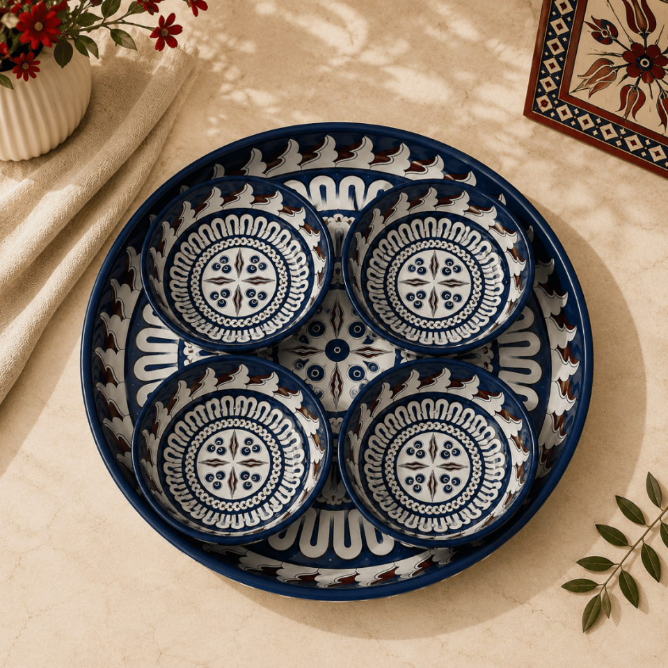Sarkap Home 26 Cm Meyve Tabağı ve 4'lü Çerezlik Seti MaviEbru