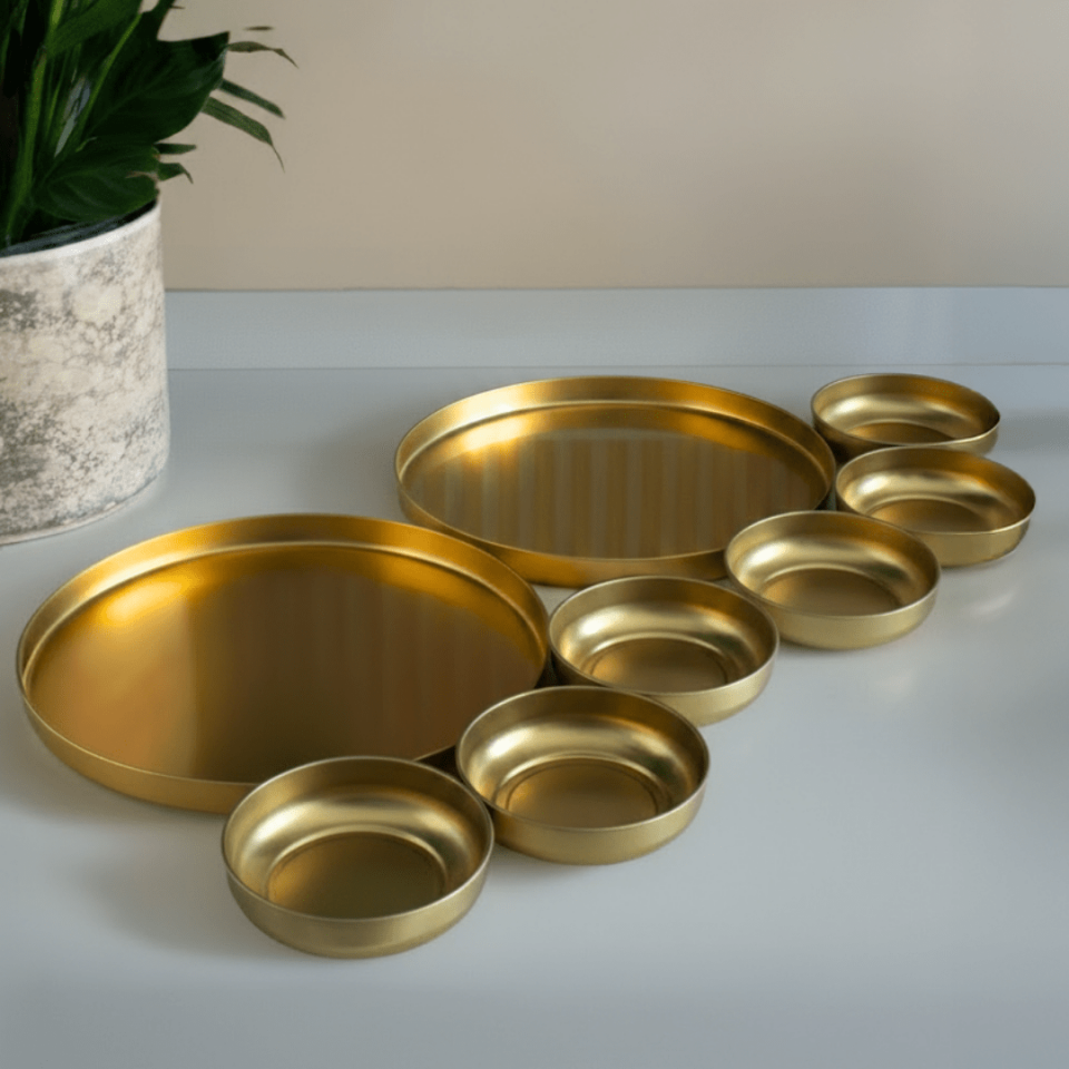 Sarkap Home 24 cm 2'li Sunumluk Tepsi ve 10x3,2 cm 6'lı Çerezlik Servis Seti Gold